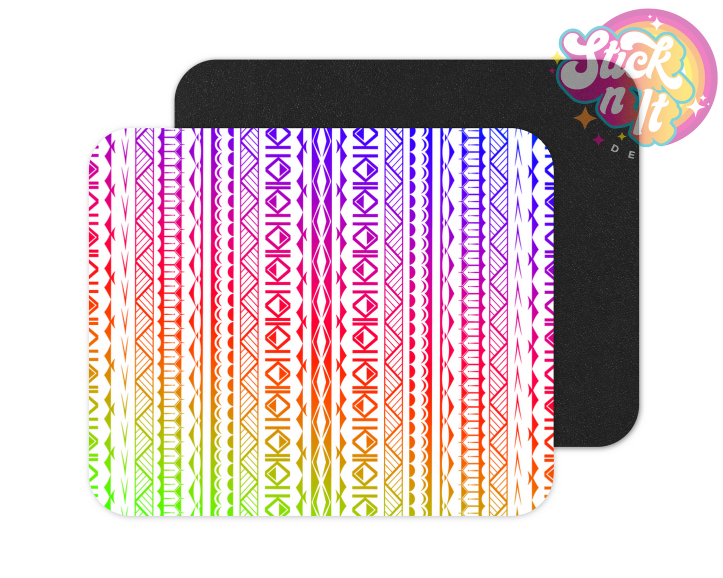 Mouse pad featuring Polynesian Cook Islands design in ombre neon on white background