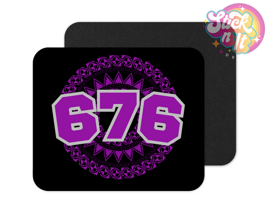 Mouse pad featuring a Polynesian Tonga design with area code 676 in purple.
