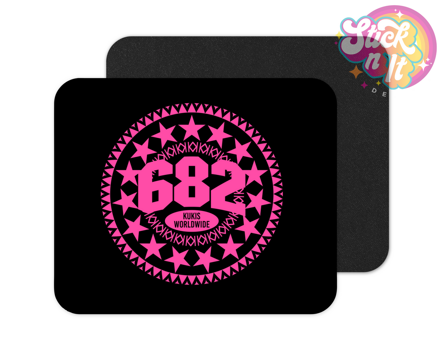 Mouse pad featuring a Polynesian Cook Islands 15-star design with area code 682 and Kukis Worldwide in pink
