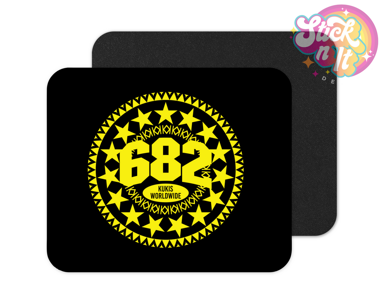 Mouse pad featuring a Polynesian Cook Islands 15-star design with area code 682 and Kukis Worldwide in yellow