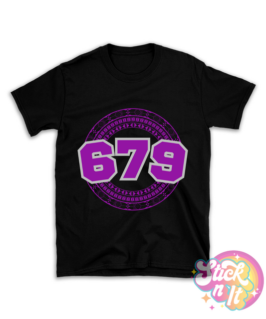 Black shirt featuring a Pacific Islands Fiji design with area code 679 in purple