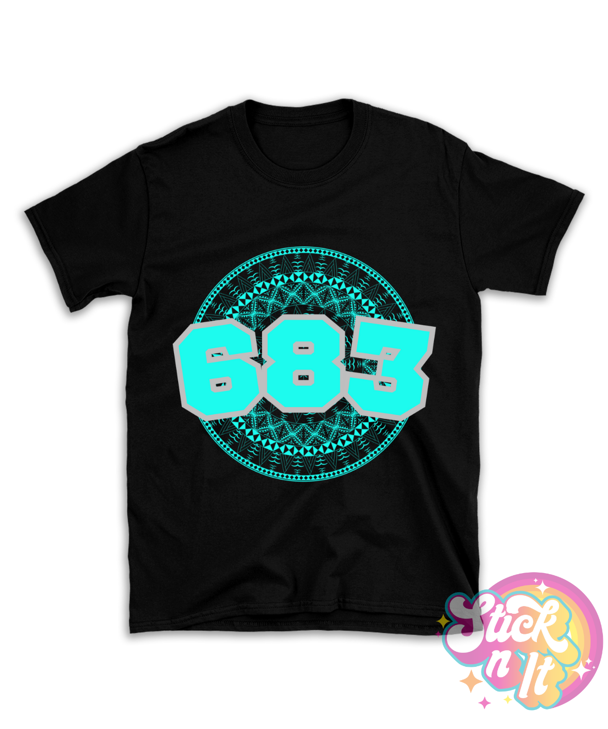 Black shirt featuring a Polynesian Niue design with area code 683 in aqua.