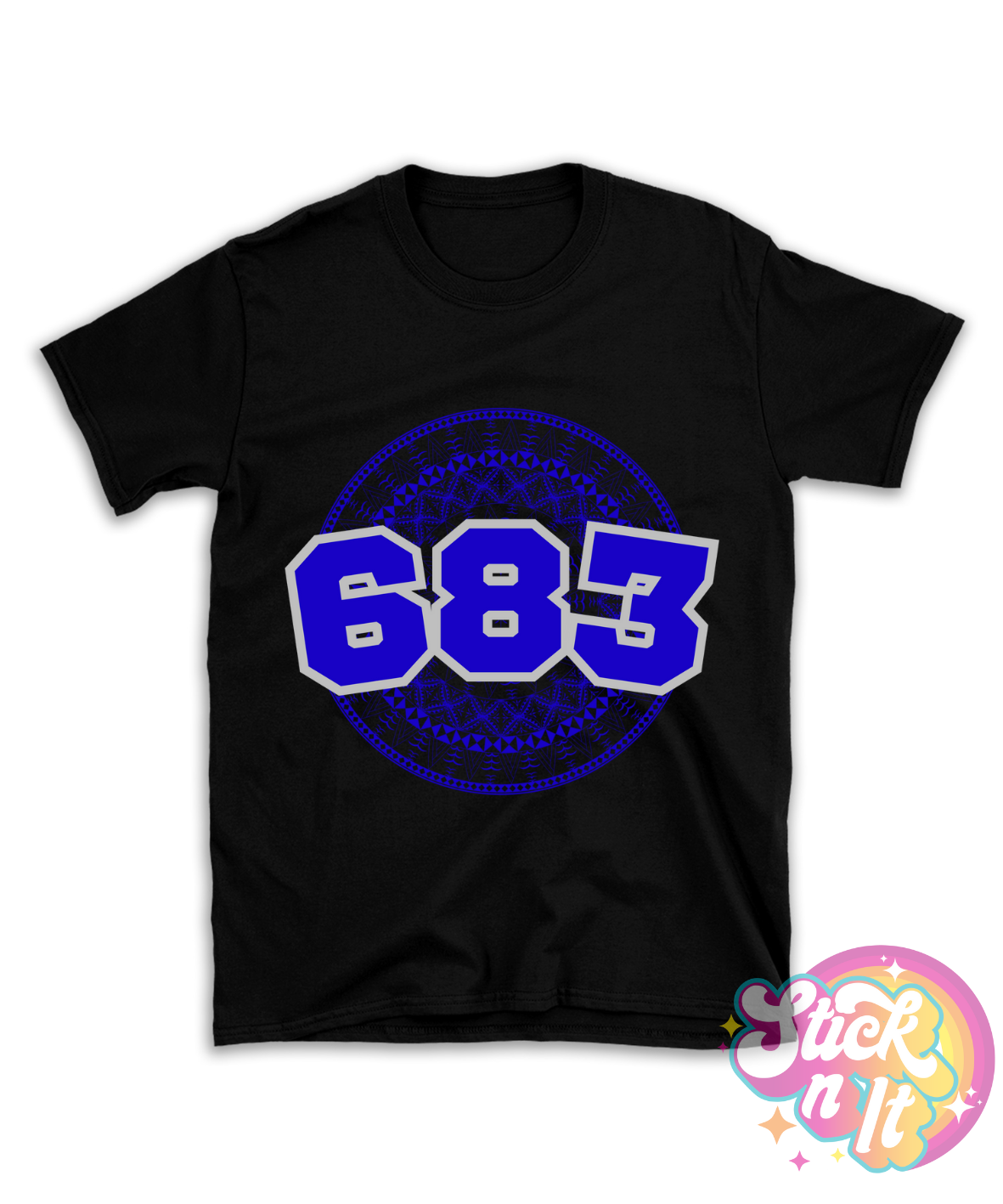 Black shirt featuring a Polynesian Niue design with area code 683 in blue.