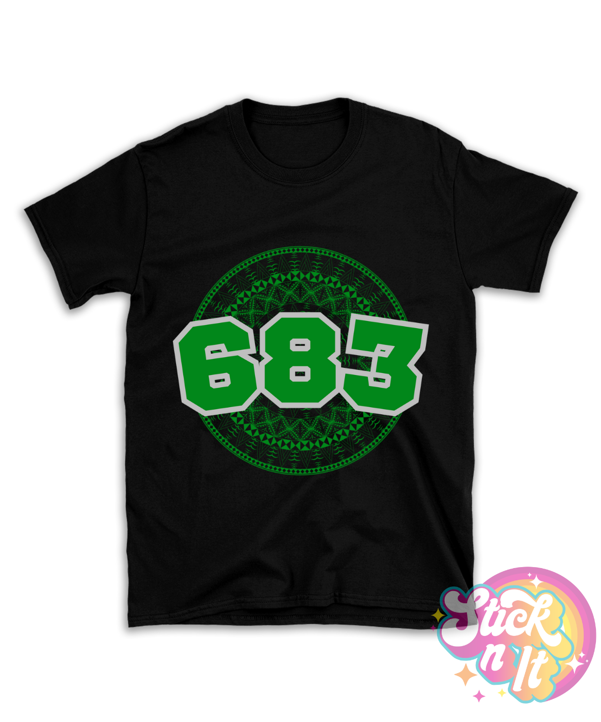 Black shirt featuring a Polynesian Niue design with area code 683 in green.
