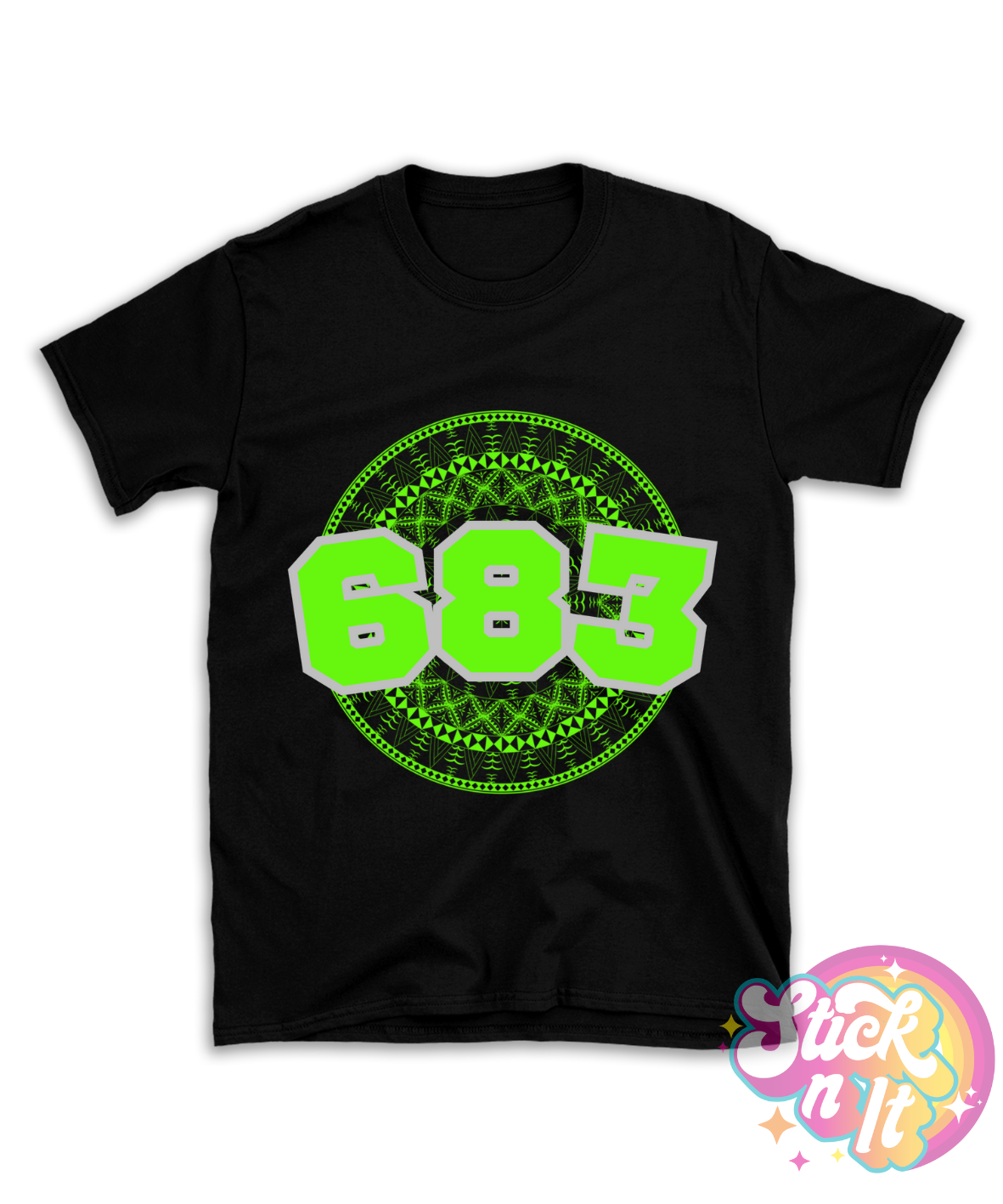 Black shirt featuring a Polynesian Niue design with area code 683 in lime.