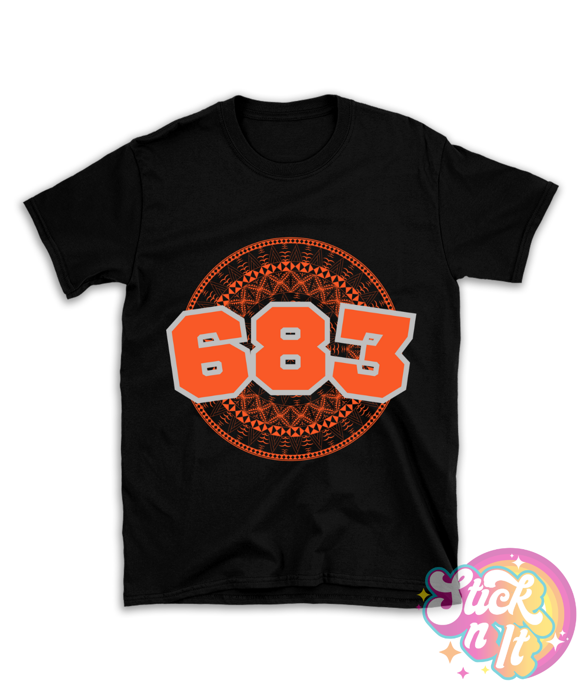 Black shirt featuring a Polynesian Niue design with area code 683 in orange.