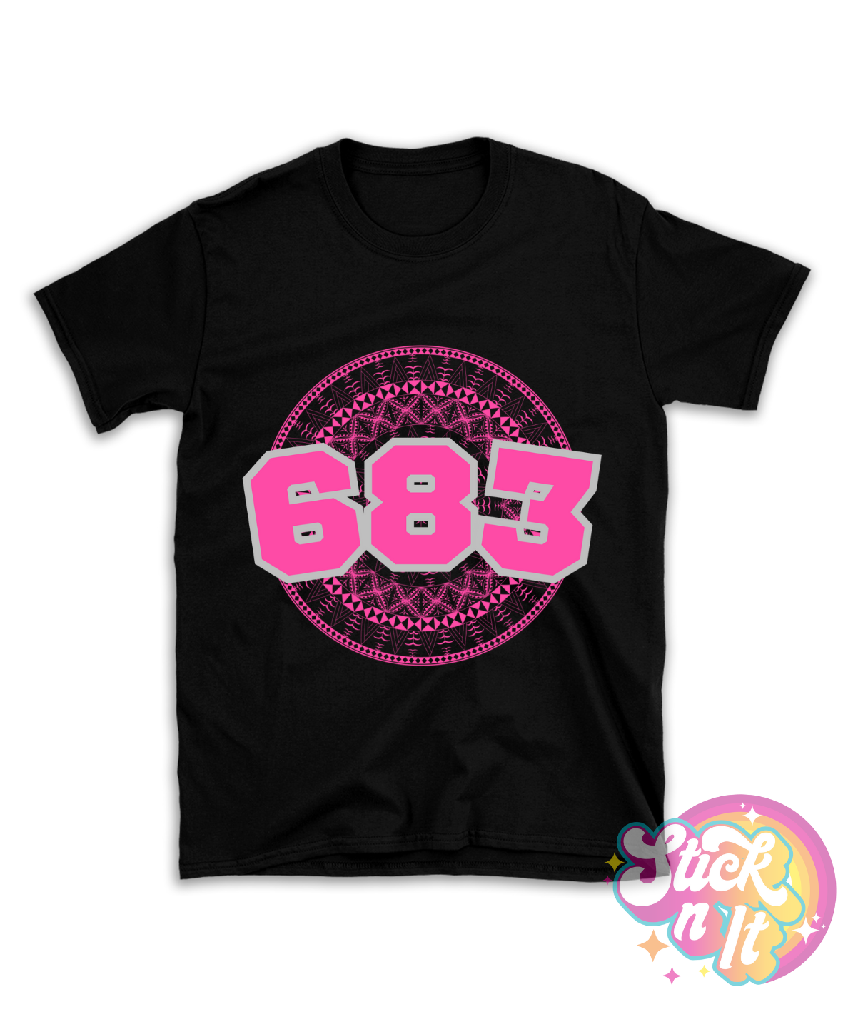 Black shirt featuring a Polynesian Niue design with area code 683 in pink.