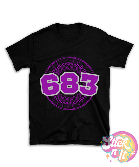 Black shirt featuring a Polynesian Niue design with area code 683 in purple.