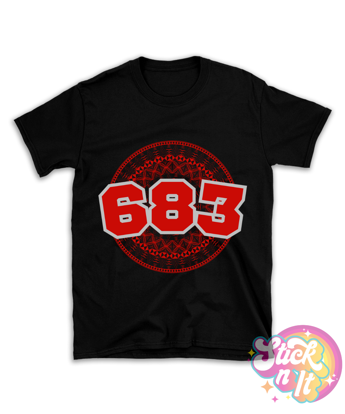 Black shirt featuring a Polynesian Niue design with area code 683 in red.