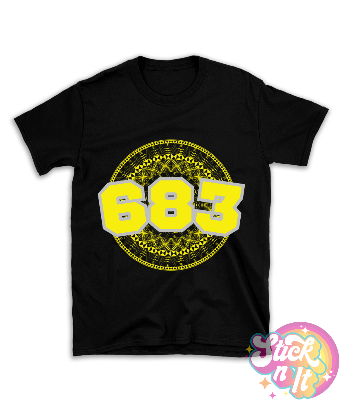 Black shirt featuring a Polynesian Niue design with area code 683 in yellow.