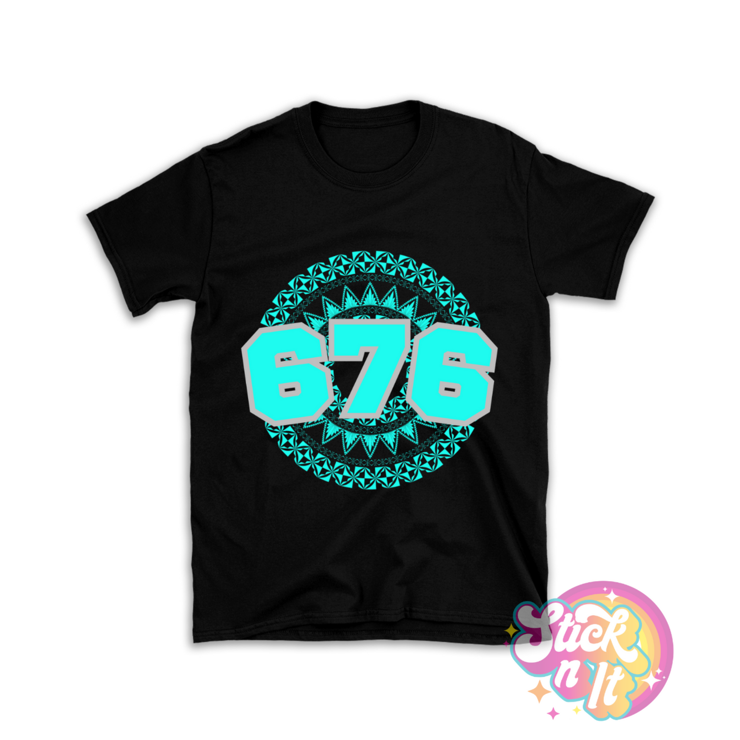 Unisex black shirt featuring a Polynesian Tonga design with area code 676 in aqua