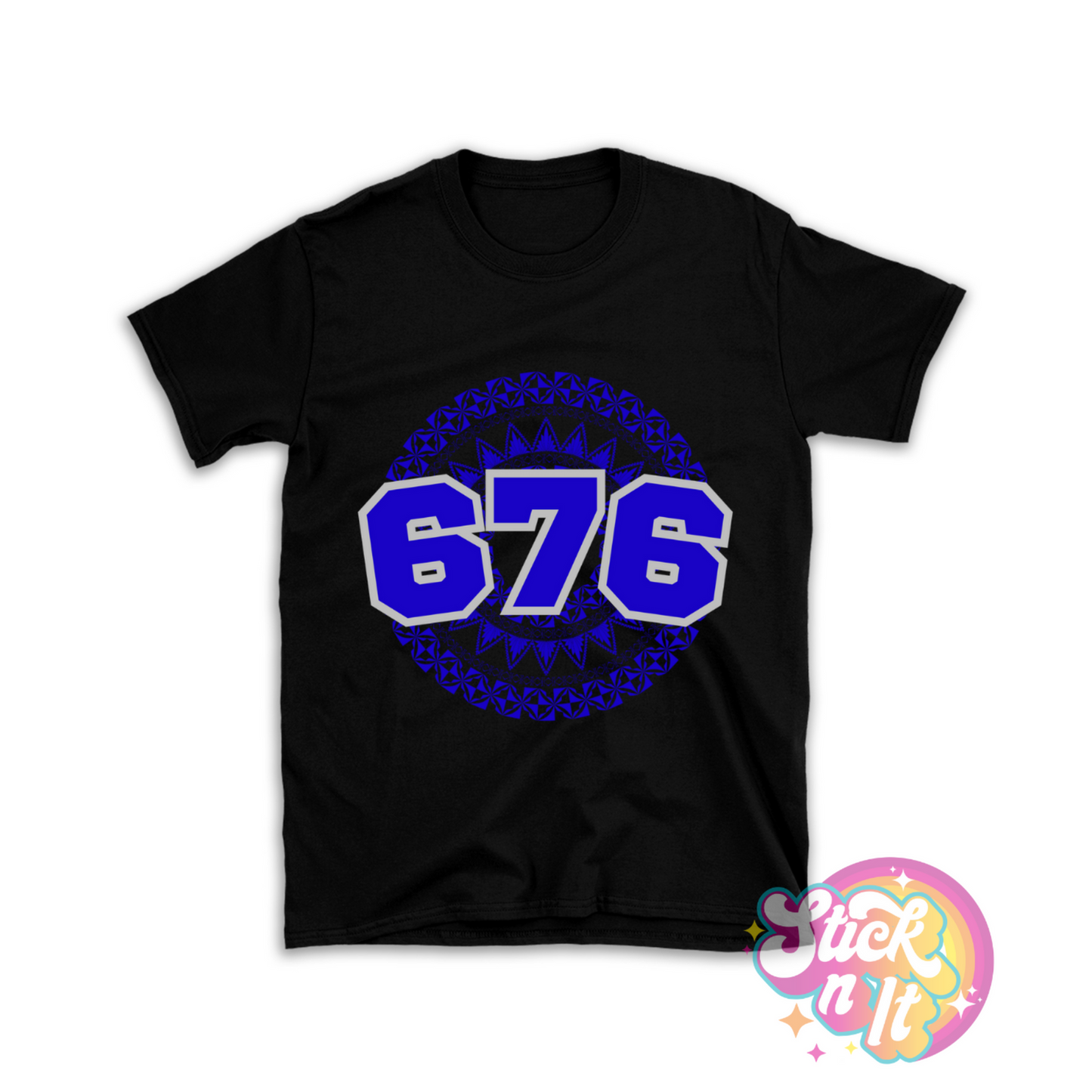 Unisex black shirt featuring a Polynesian Tonga design with area code 676 in blue