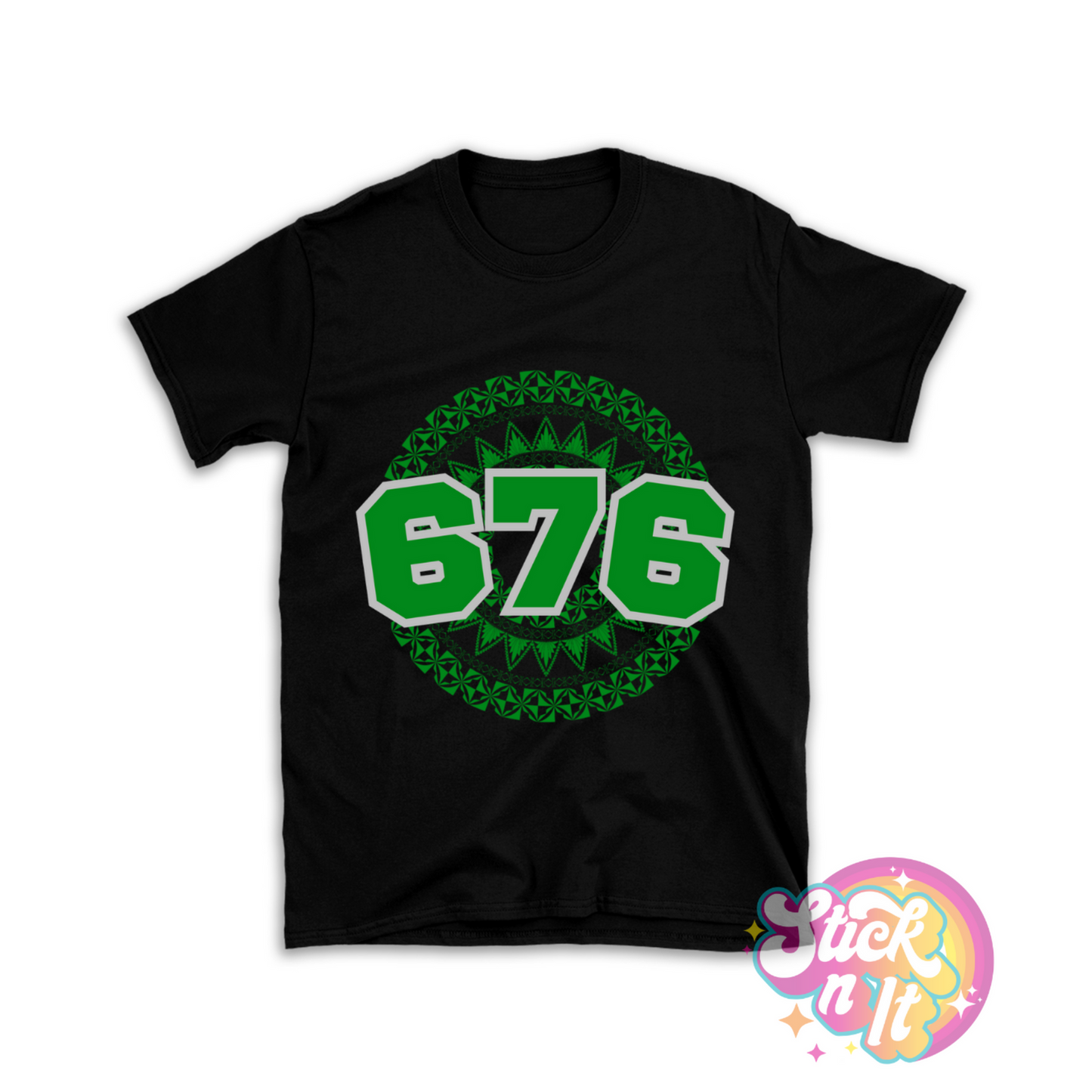 Unisex black shirt featuring a Polynesian Tonga design with area code 676 in green