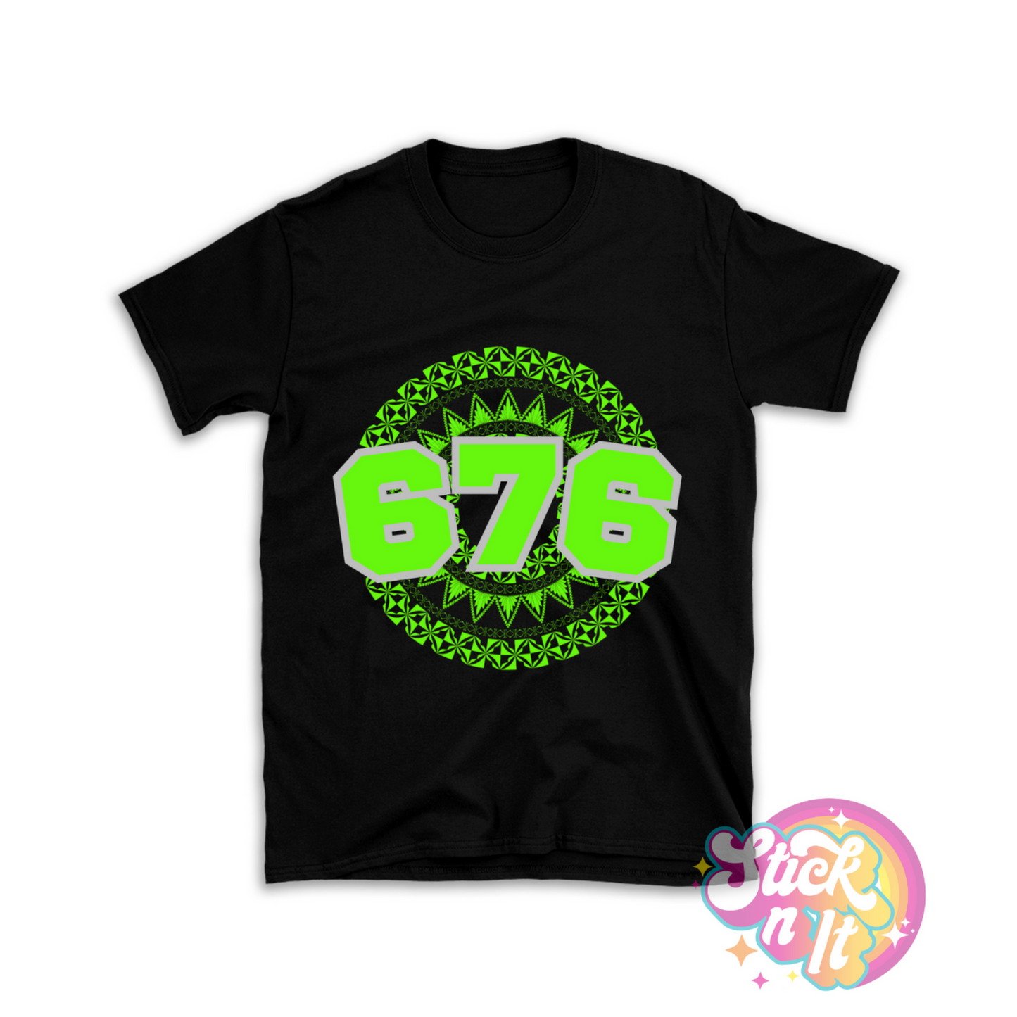 Unisex black shirt featuring a Polynesian Tonga design with area code 676 in lime