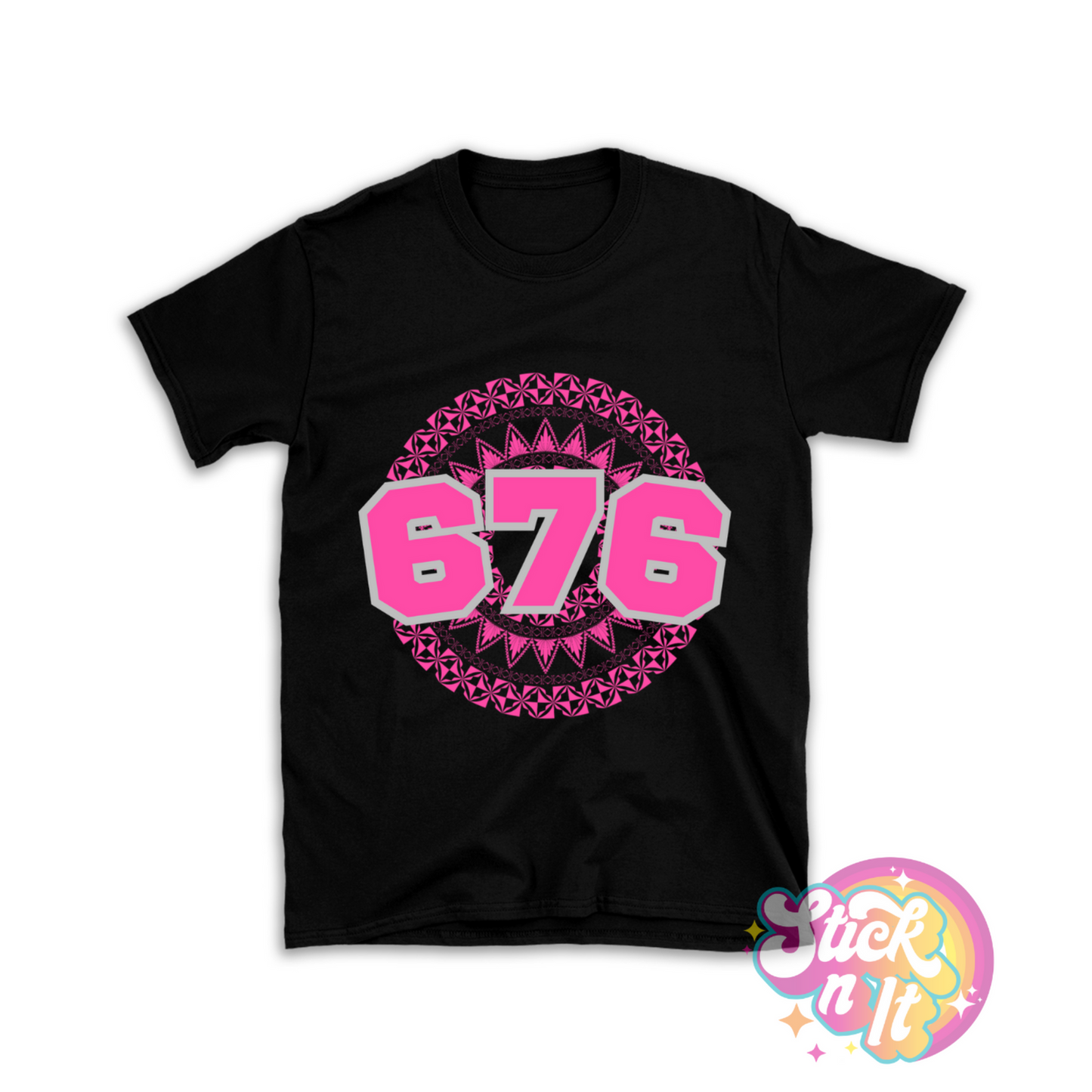 Unisex black shirt featuring a Polynesian Tonga design with area code 676 in pink