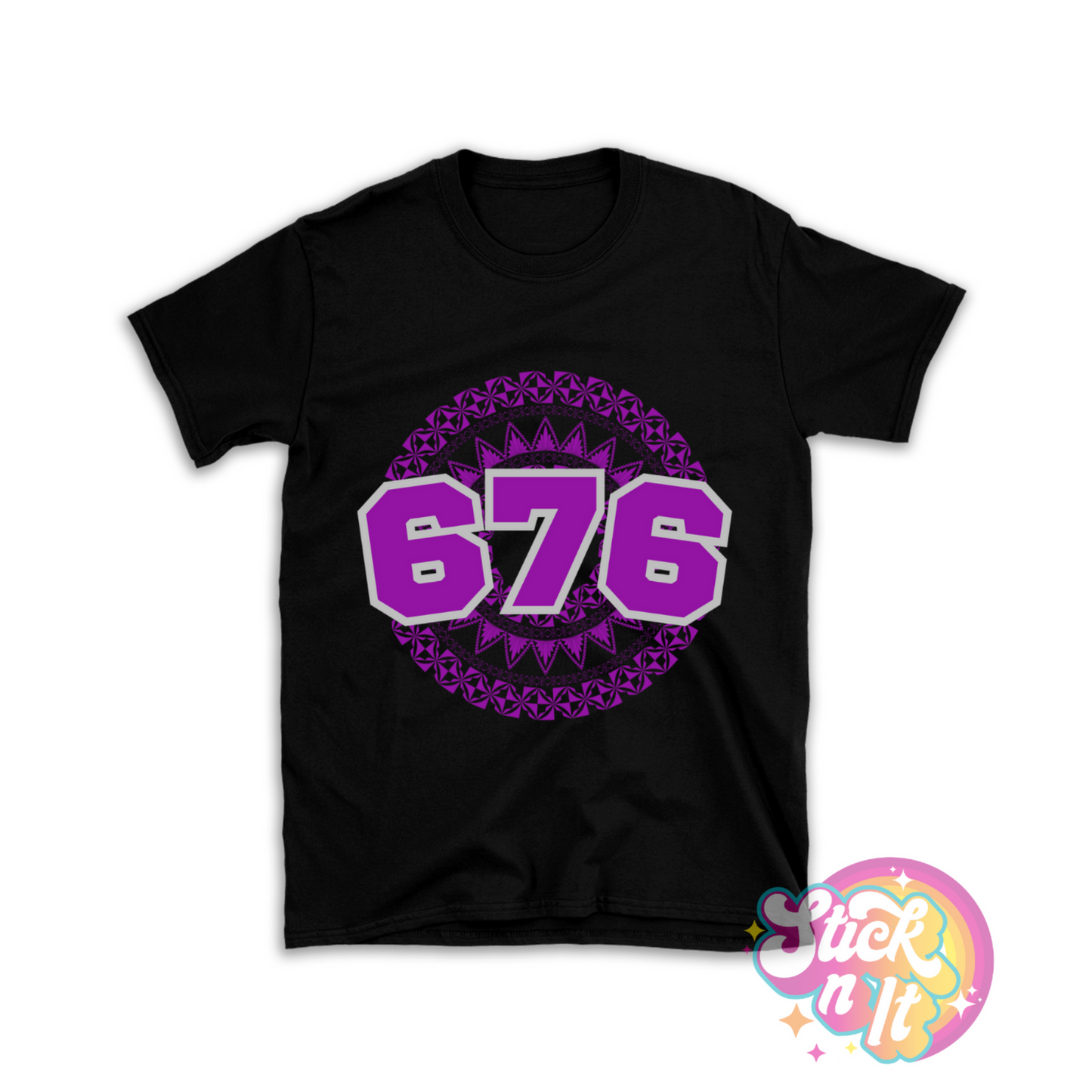 Unisex black shirt featuring a Polynesian Tonga design with area code 676 in purple