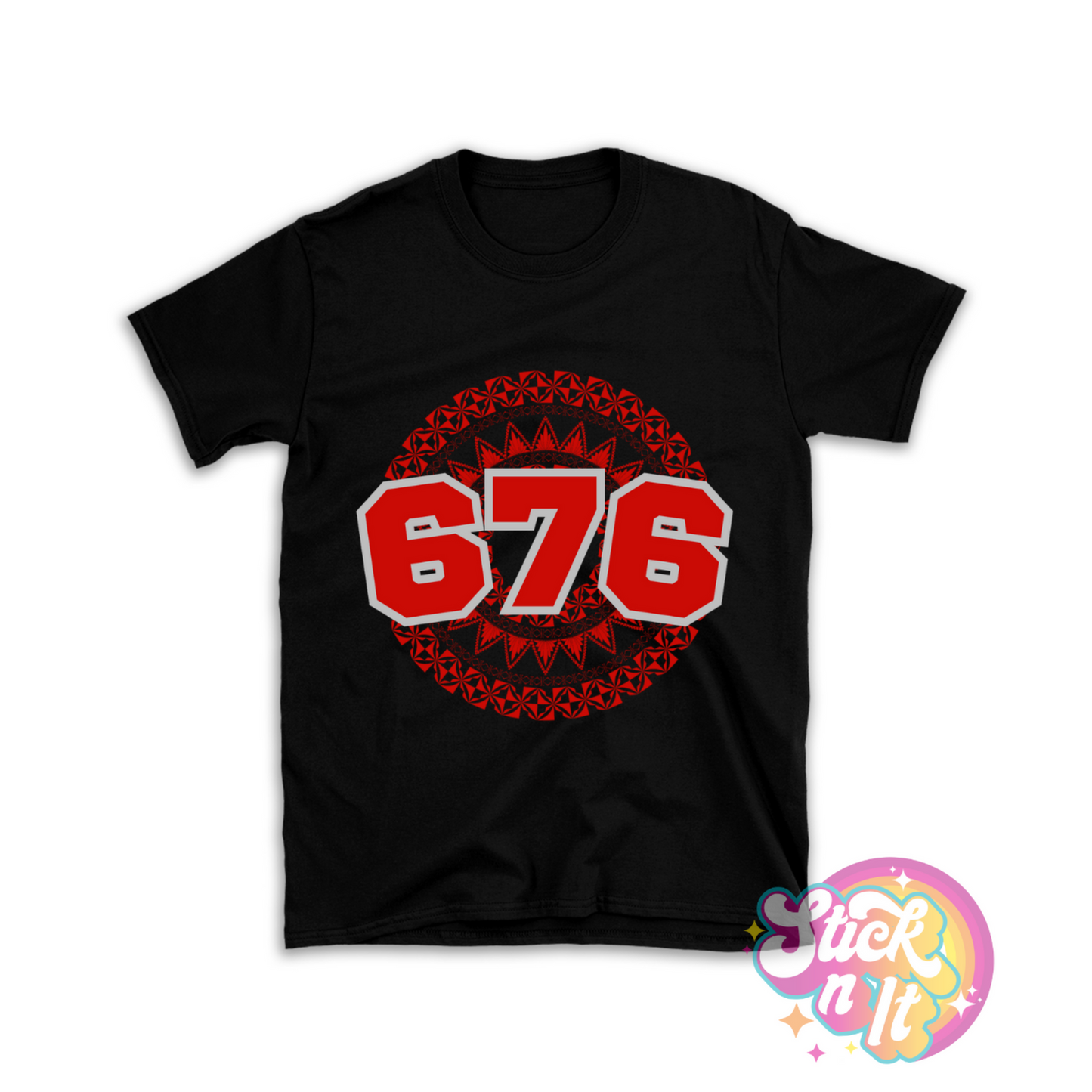 Unisex black shirt featuring a Polynesian Tonga design with area code 676 in red