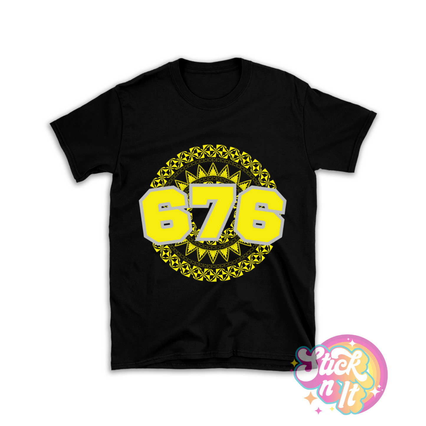Unisex black shirt featuring a Polynesian Tonga design with area code 676 in yellow