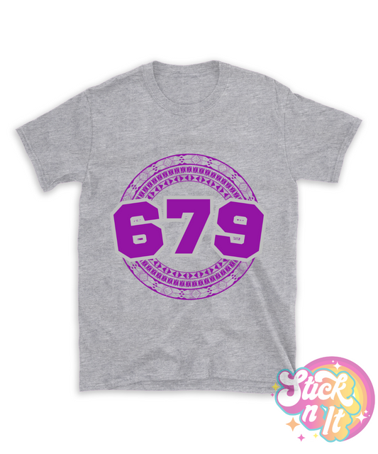 Grey shirt featuring a Pacific Islands Fiji design with area code 679 in purple
