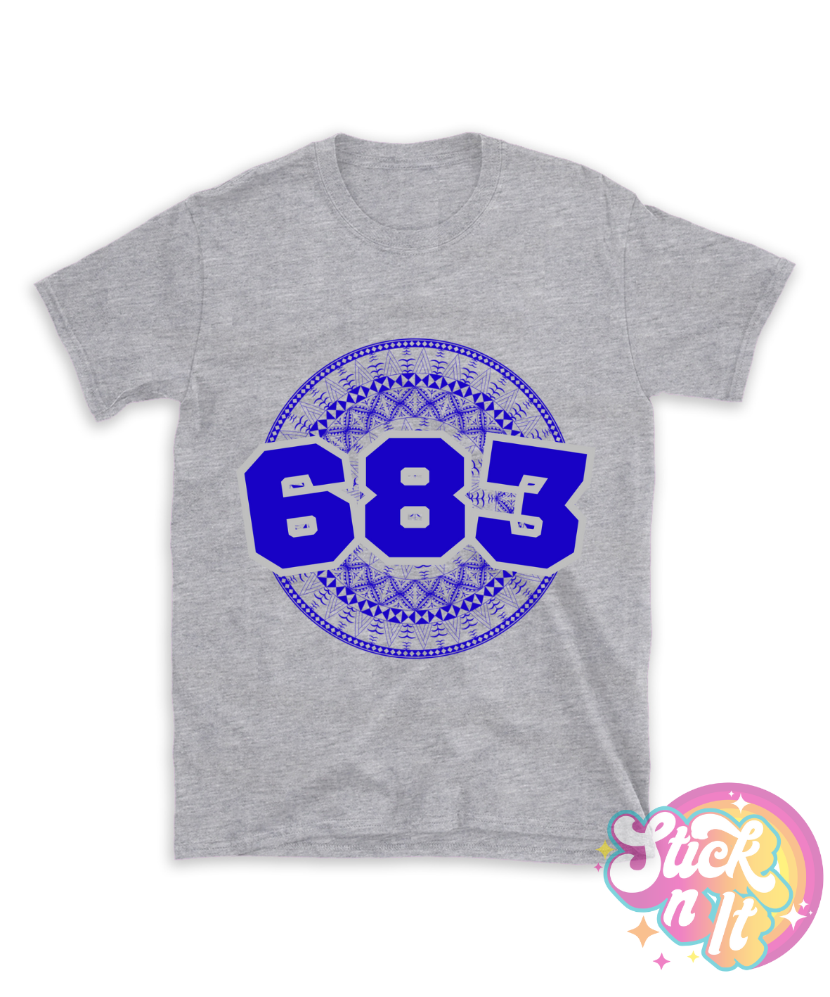 Grey shirt featuring a Polynesian Niue design with area code 683 in blue.