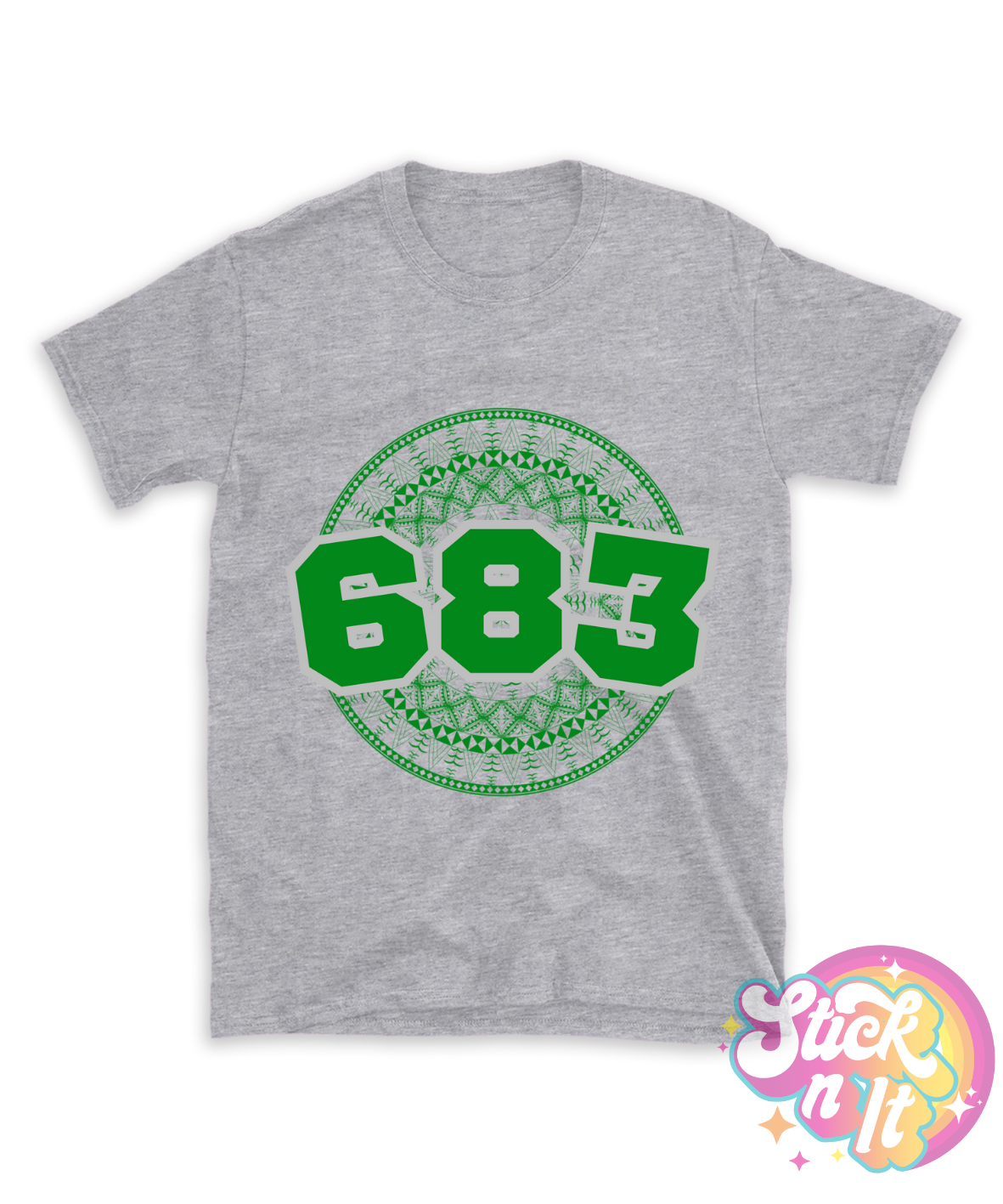 Grey shirt featuring a Polynesian Niue design with area code 683 in green.
