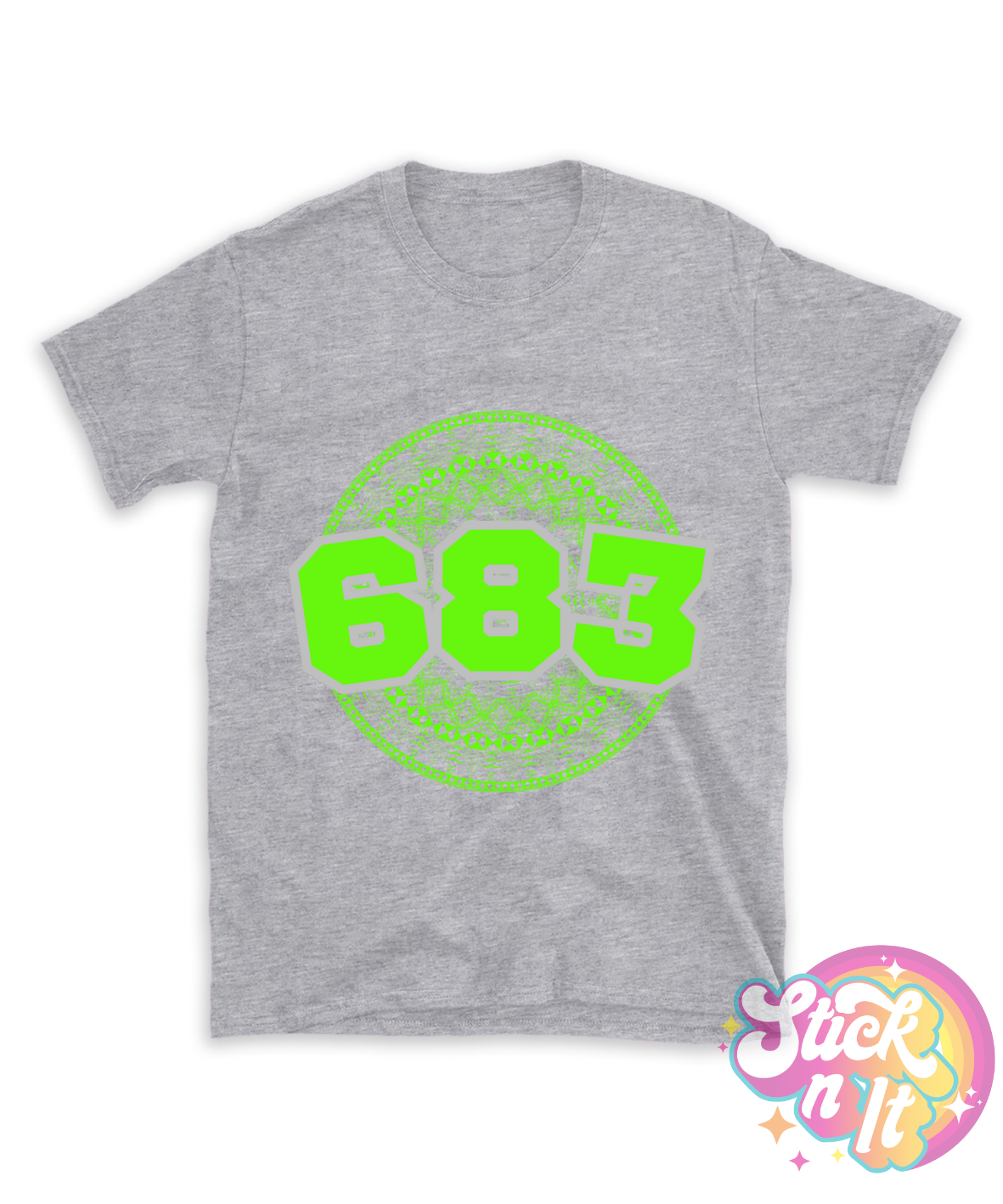 Grey shirt featuring a Polynesian Niue design with area code 683 in lime.