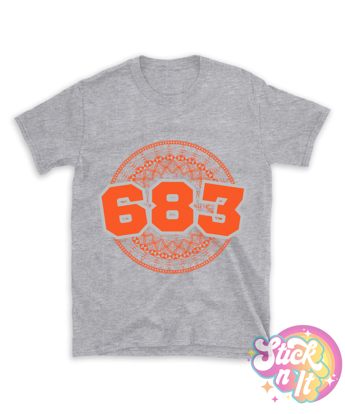 Grey shirt featuring a Polynesian Niue design with area code 683 in orange.