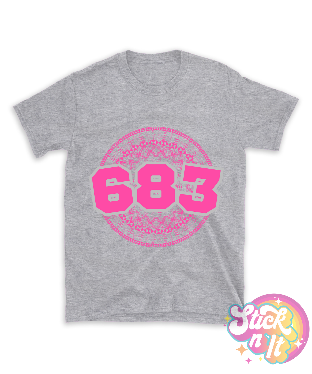 Grey shirt featuring a Polynesian Niue design with area code 683 in pink.