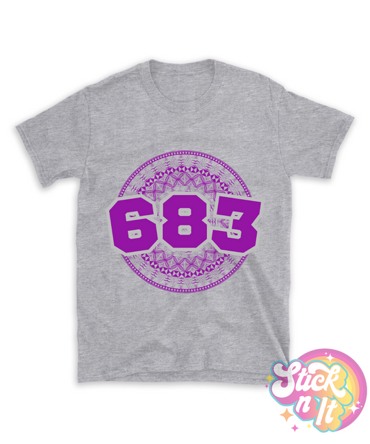 Grey shirt featuring a Polynesian Niue design with area code 683 in purple.