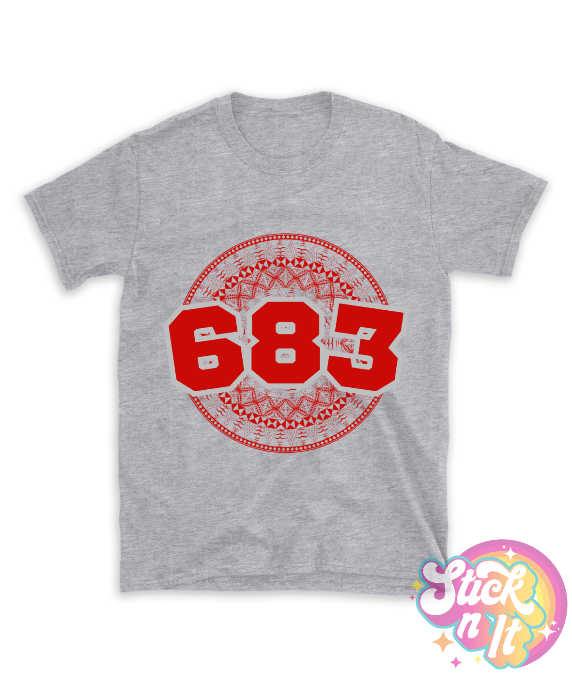 Grey shirt featuring a Polynesian Niue design with area code 683 in red.