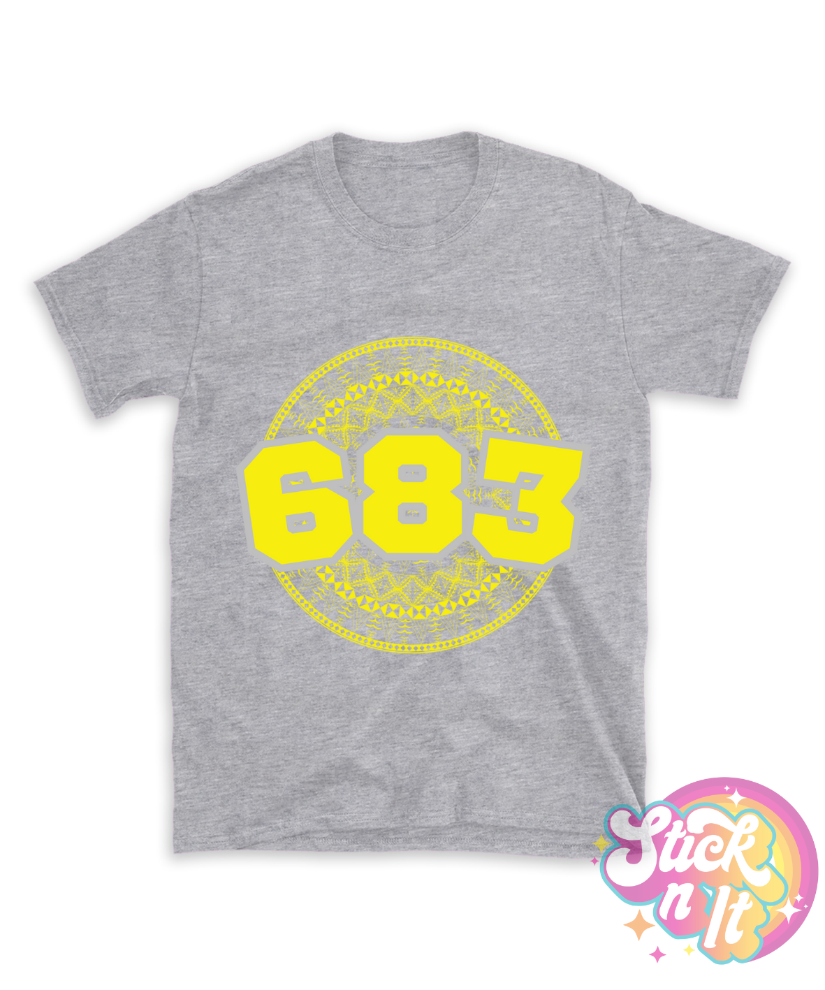 Grey shirt featuring a Polynesian Niue design with area code 683 in yellow.