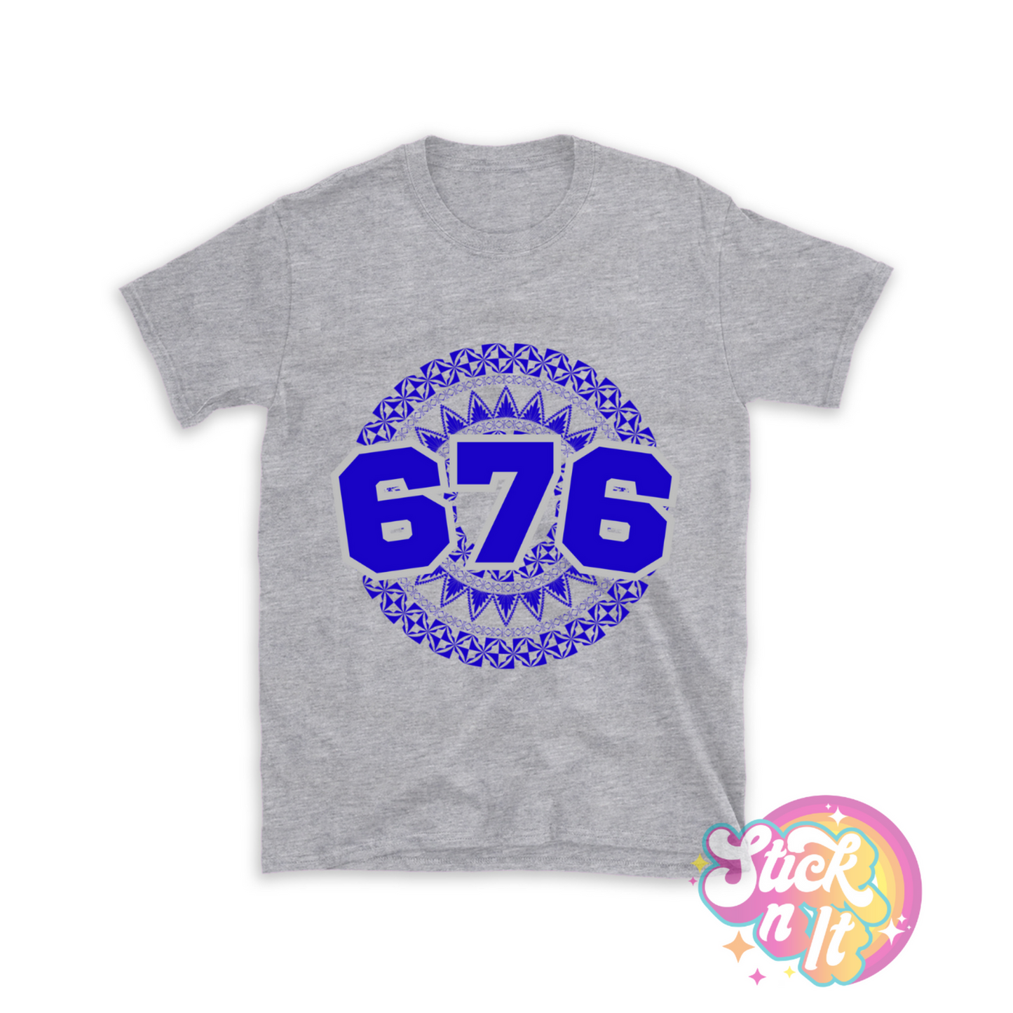 Unisex grey shirt featuring a Polynesian Tonga design with area code 676 in blue