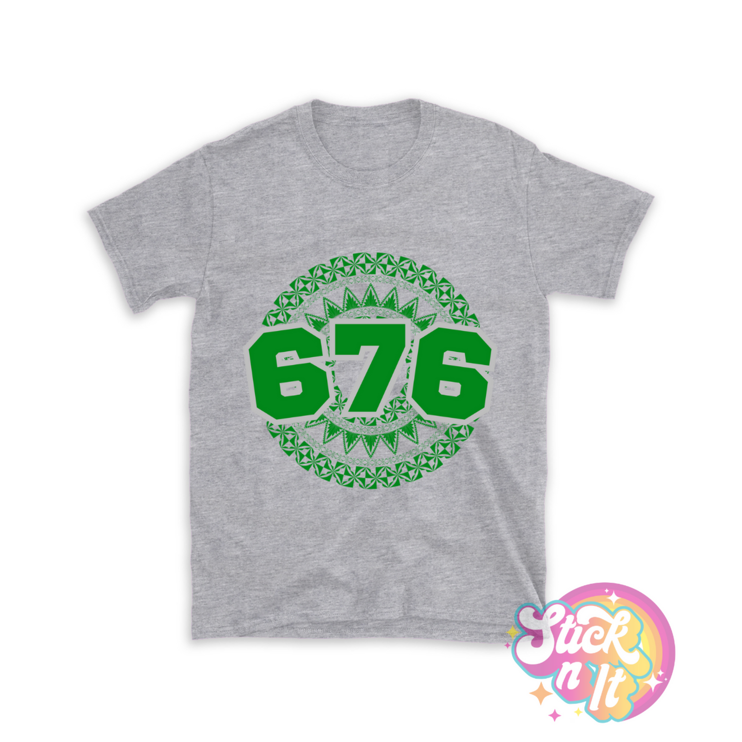 Unisex grey shirt featuring a Polynesian Tonga design with area code 676 in green