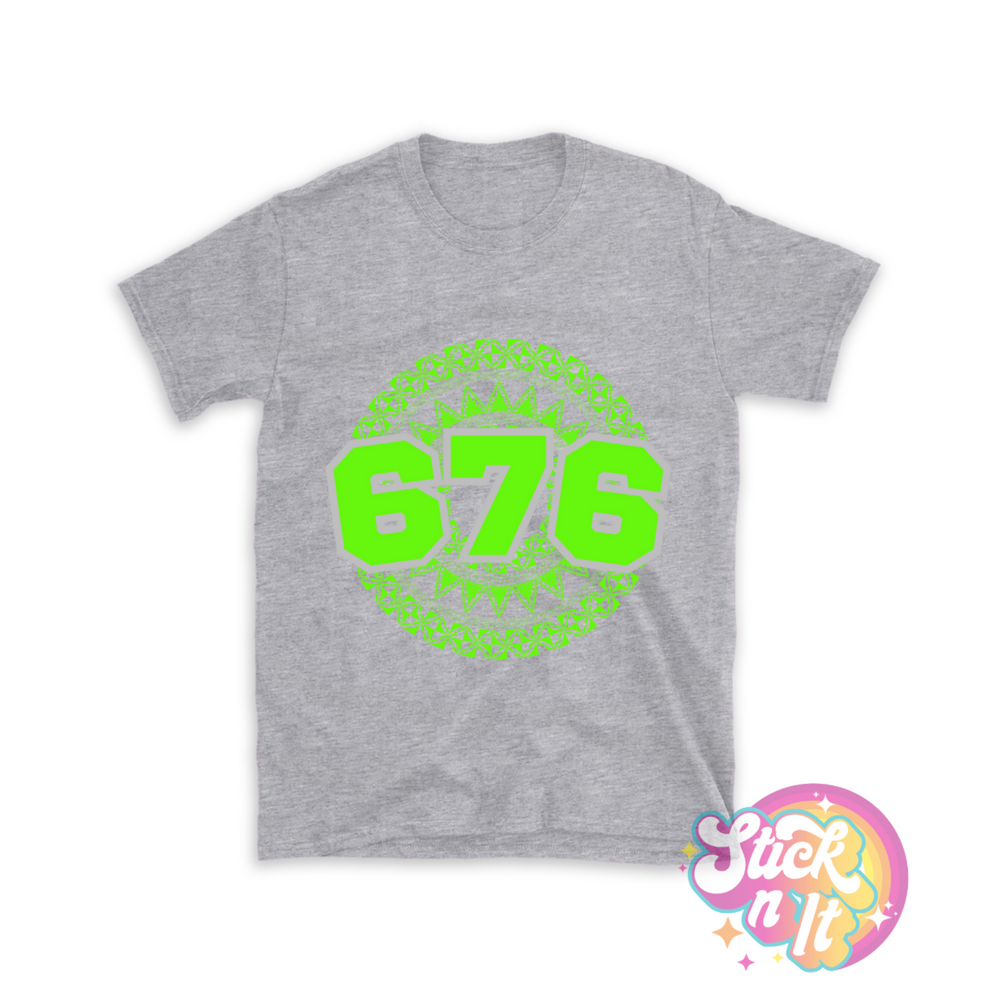 Unisex grey shirt featuring a Polynesian Tonga design with area code 676 in lime