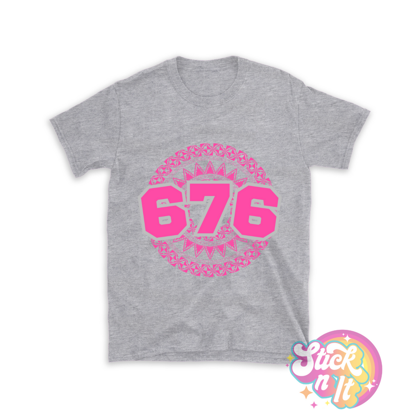 Unisex grey shirt featuring a Polynesian Tonga design with area code 676 in pink