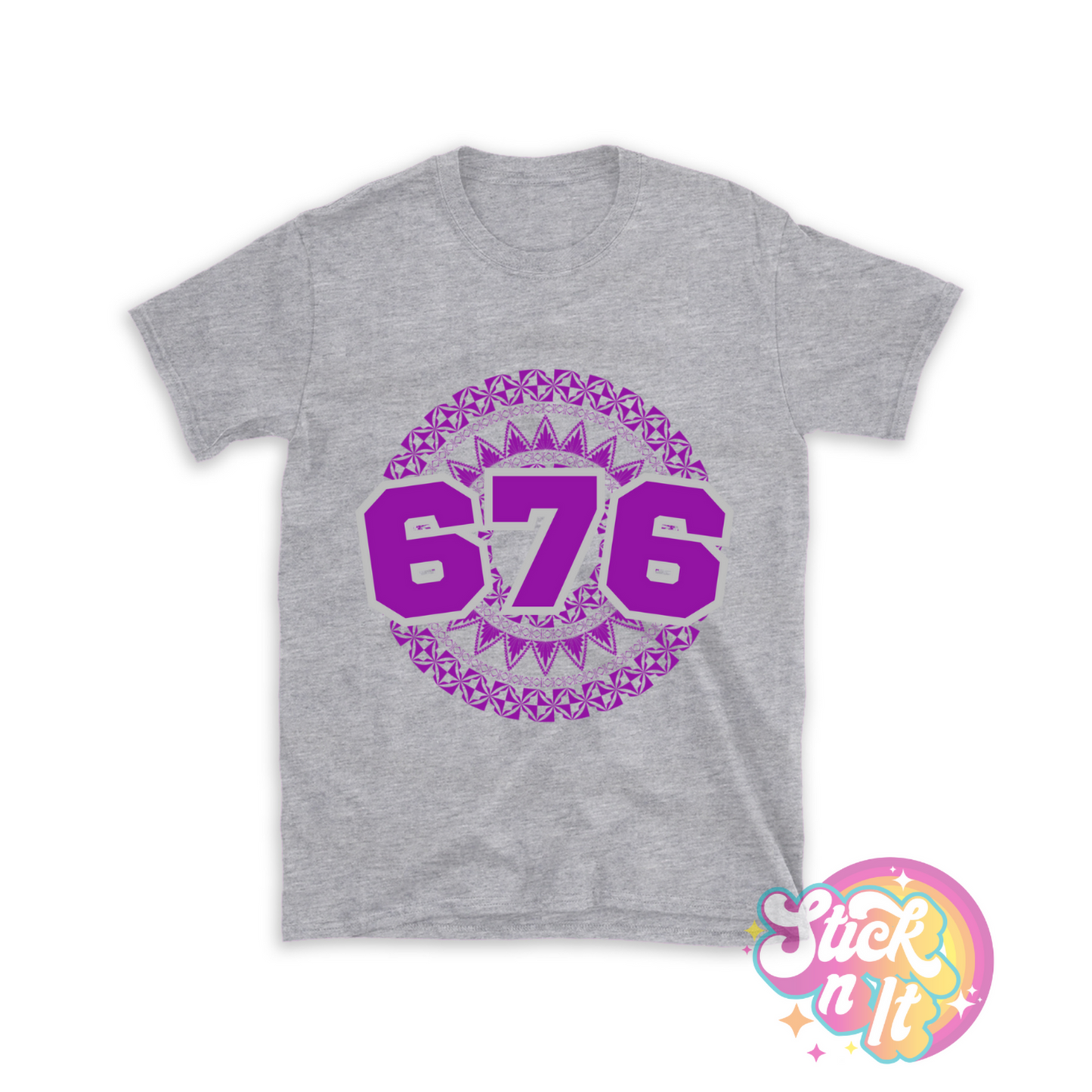 Unisex grey shirt featuring a Polynesian Tonga design with area code 676 in purple