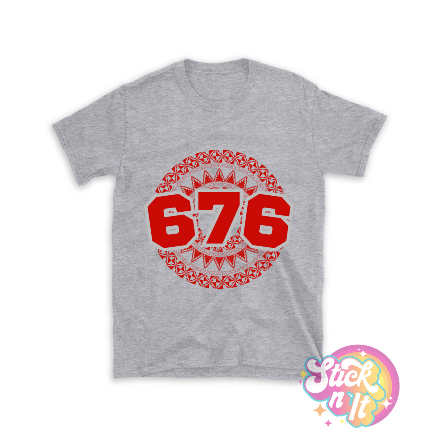 Unisex grey shirt featuring a Polynesian Tonga design with area code 676 in red