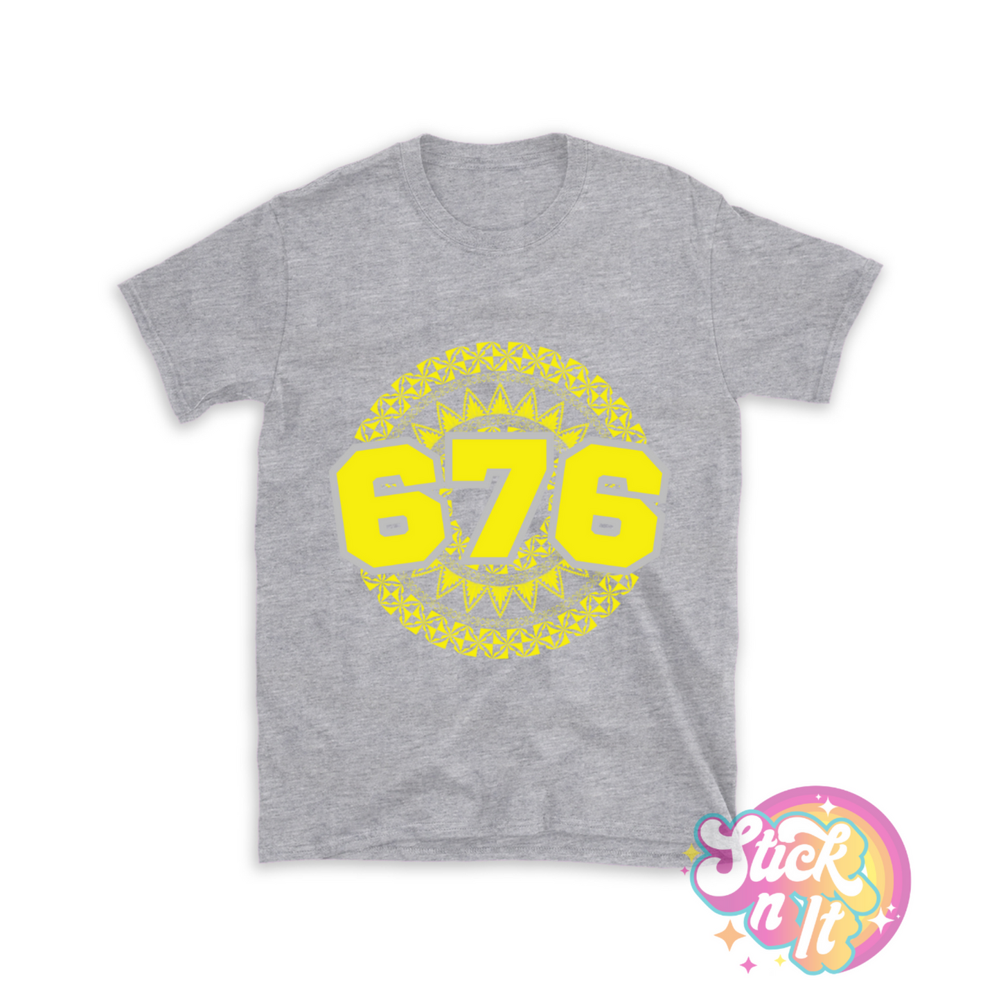 Unisex grey shirt featuring a Polynesian Tonga design with area code 676 in yellow