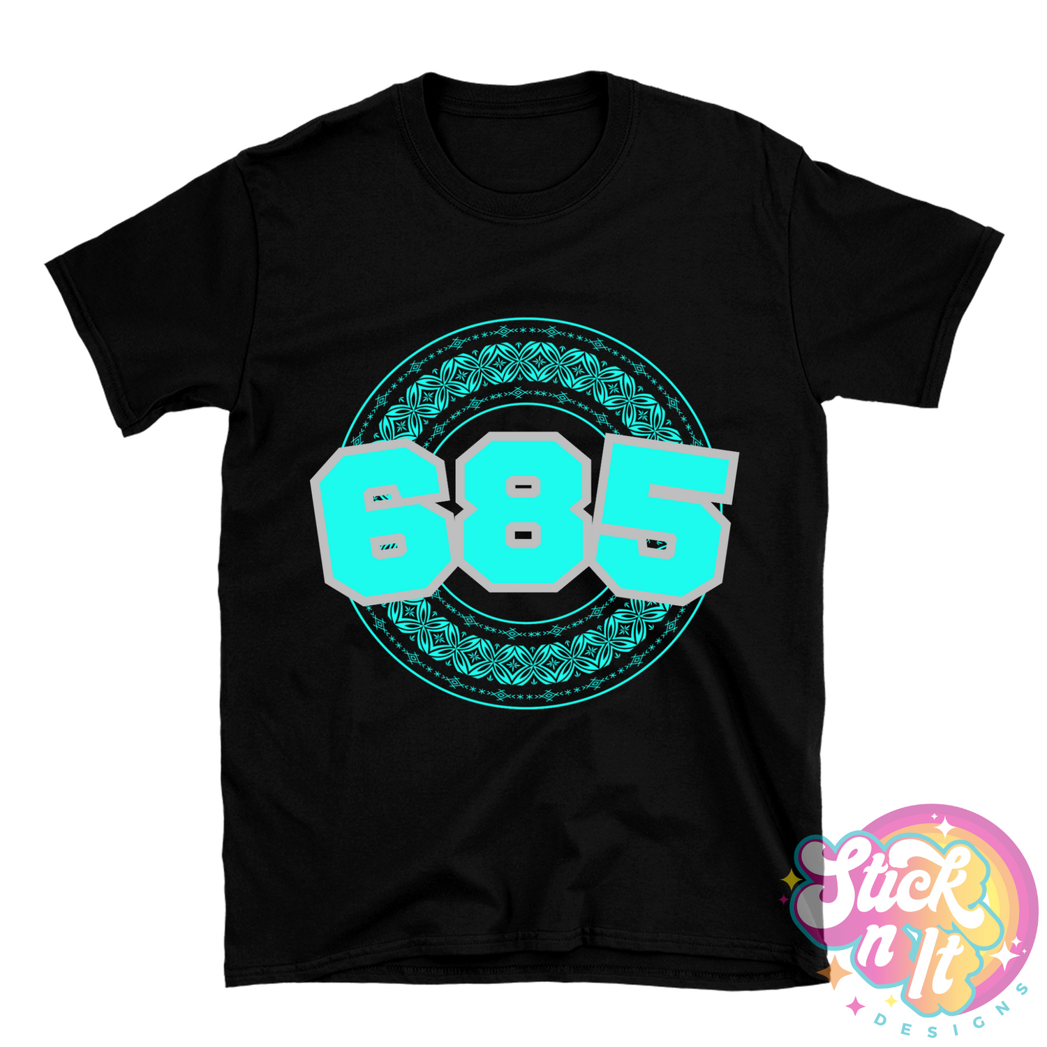 Black shirt featuring a Polynesian Samoa design with area code 685 in aqua.