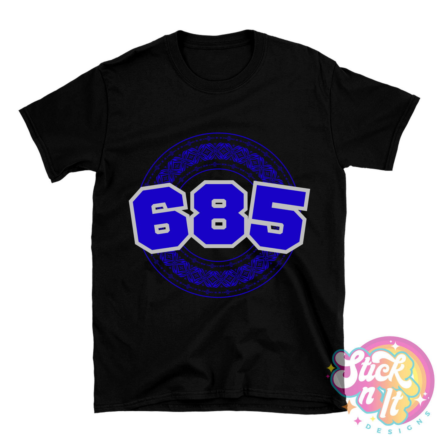 Black shirt featuring a Polynesian Samoa design with area code 685 in blue.