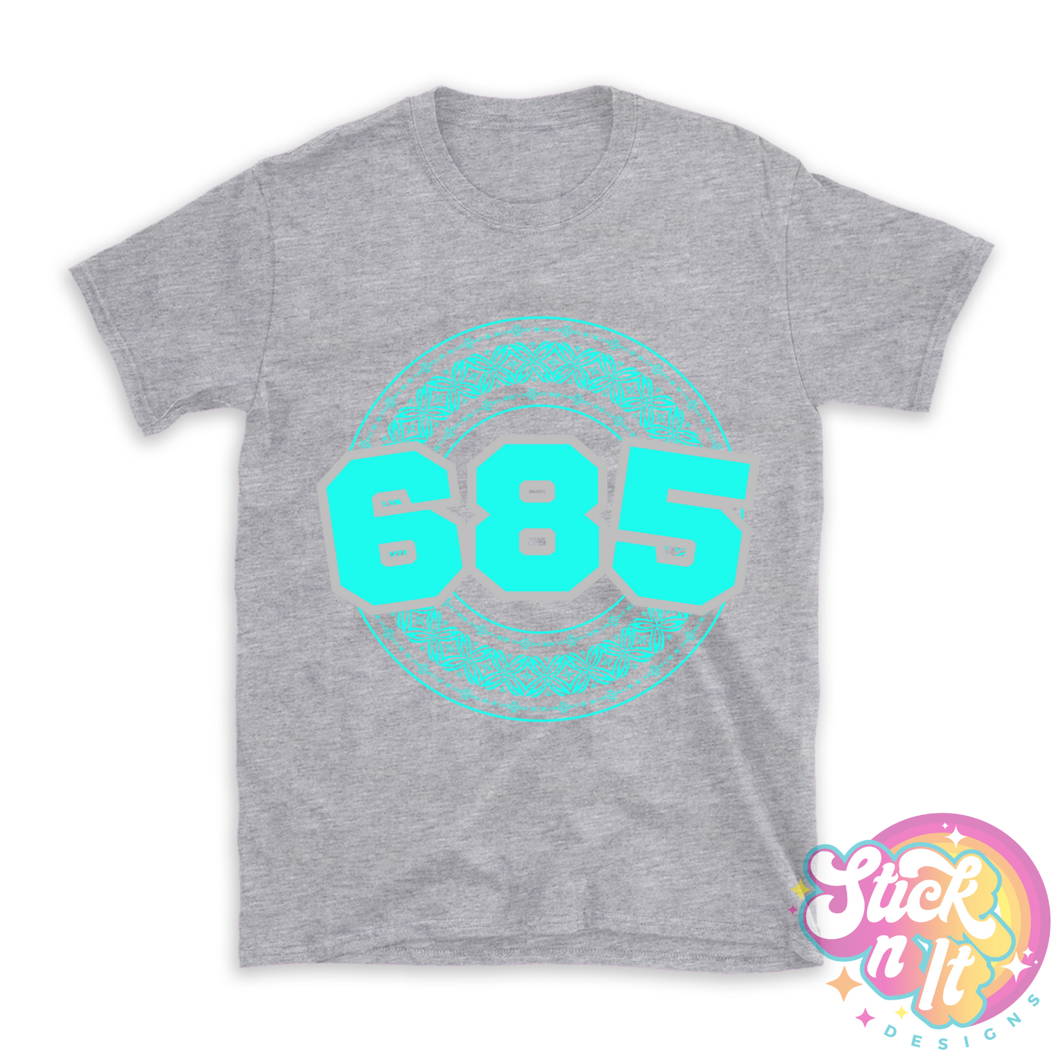 Grey shirt featuring a Polynesian Samoa design with area code 685 in aqua.