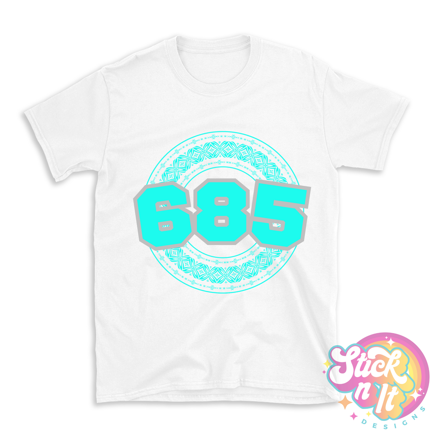 White shirt featuring a Polynesian Samoa design with area code 685 in aqua.