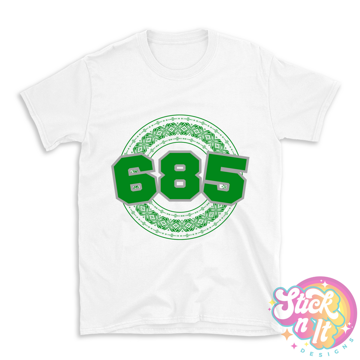 White shirt featuring a Polynesian Samoa design with area code 685 in green.