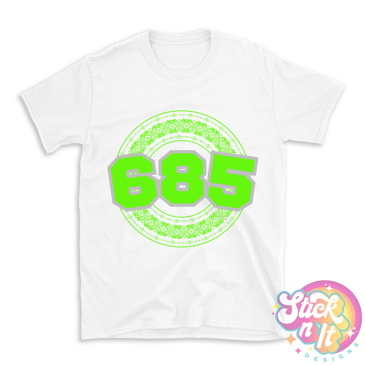 White shirt featuring a Polynesian Samoa design with area code 685 in lime.