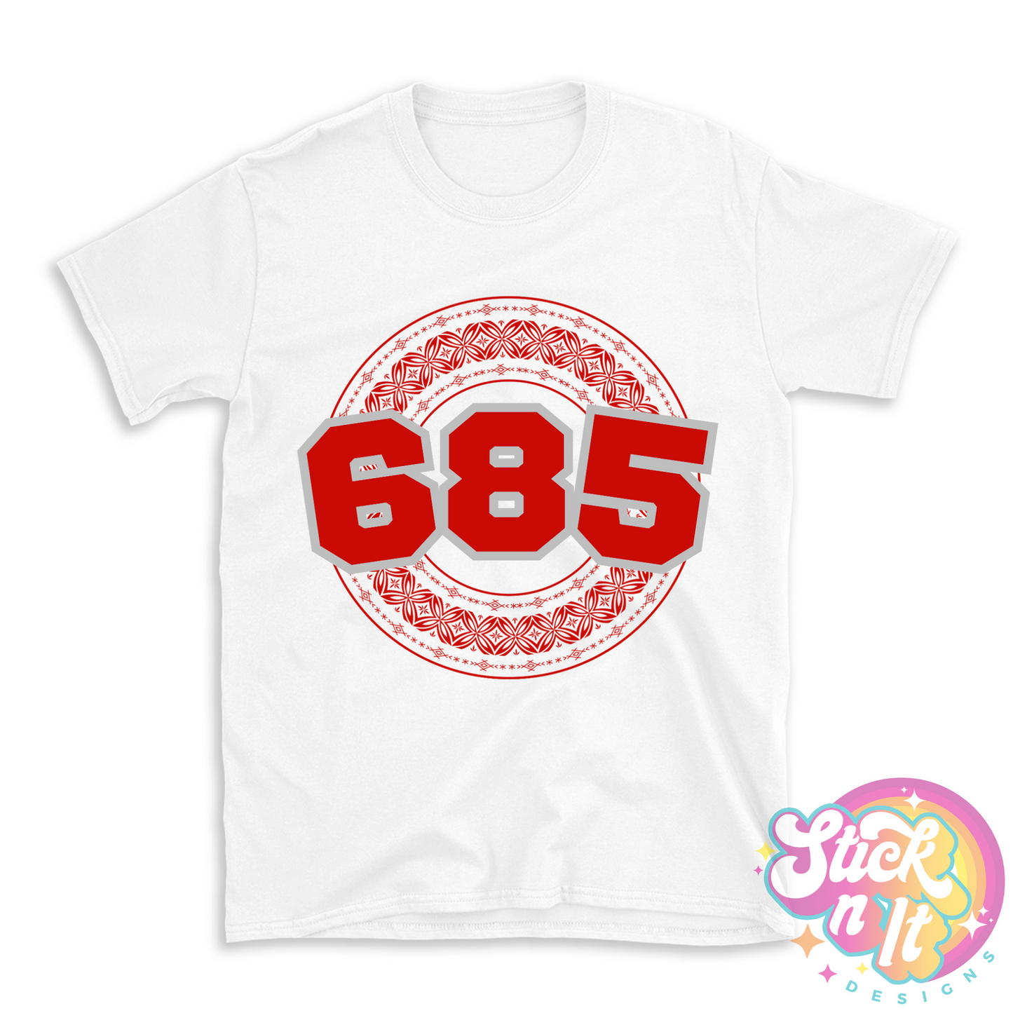 White shirt featuring a Polynesian Samoa design with area code 685 in red.