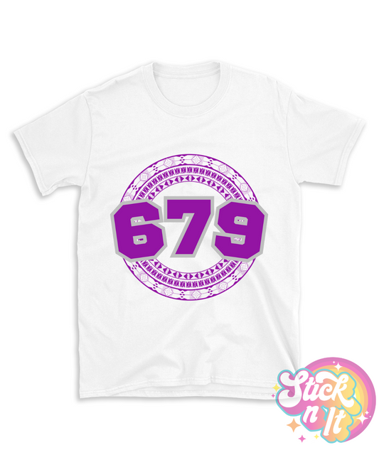 White shirt featuring a Pacific Islands Fiji design with area code 679 in purple