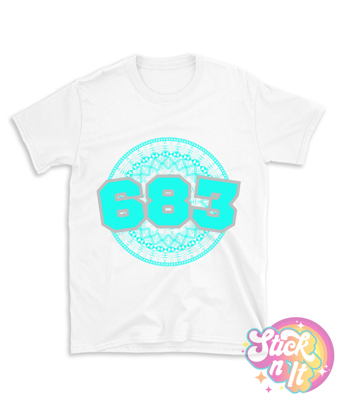 White shirt featuring a Polynesian Niue design with area code 683 in aqua.
