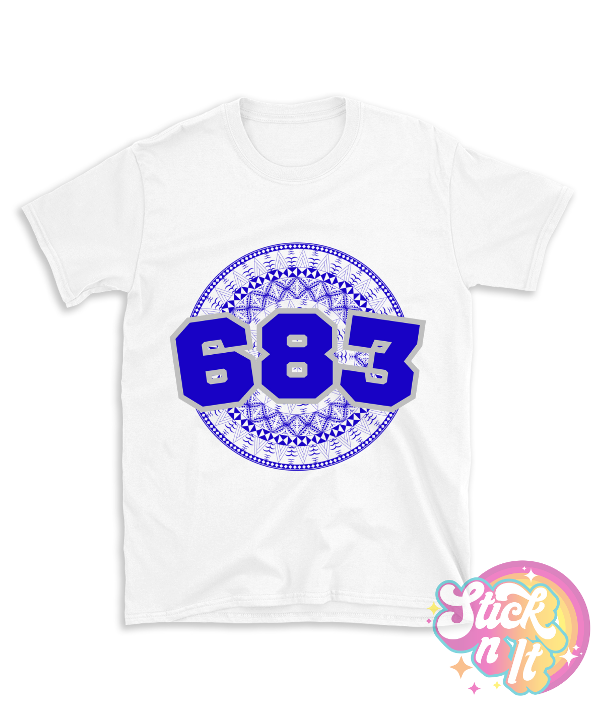 White shirt featuring a Polynesian Niue design with area code 683 in blue.