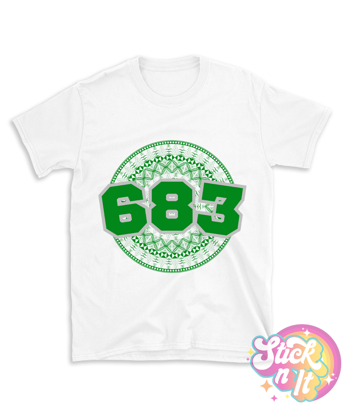 White shirt featuring a Polynesian Niue design with area code 683 in green.