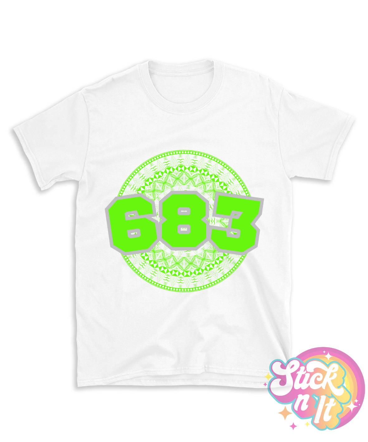 White shirt featuring a Polynesian Niue design with area code 683 in lime.